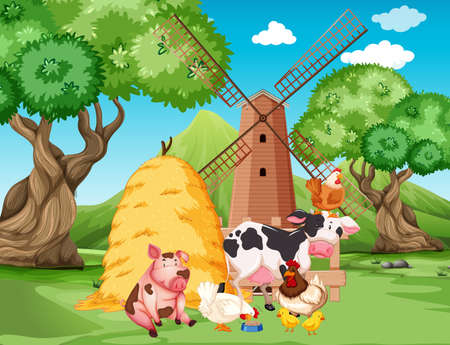 Farm scene with farm animals and windmill on the farm illustrationのイラスト素材