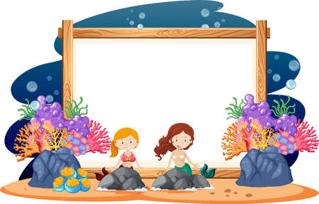 Border template design with mermaids swimming under the sea illustrationのイラスト素材
