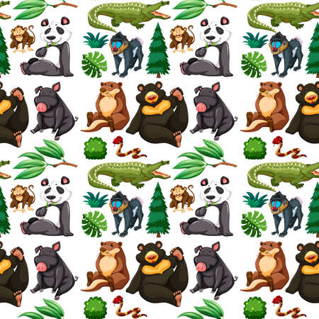Wild animal and tree seamless pattern illustrationのイラスト素材