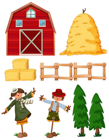 Set of farming items with barn and scarecrows illustrationのイラスト素材