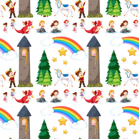 Seamless children is fairy tale castle and dragon with rainbow in the sky illustrationのイラスト素材