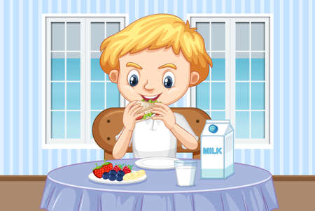 Scene with boy eating healthy breakfast at home illustrationのイラスト素材