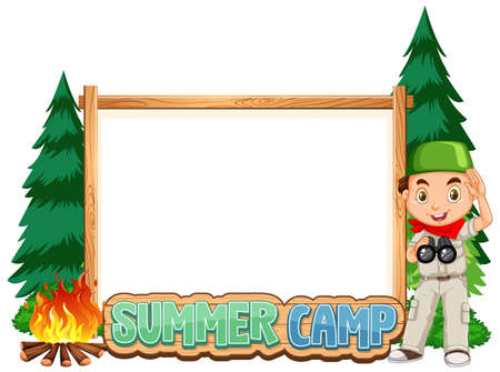 Border template design with boy at summer camp illustrationのイラスト素材
