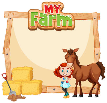 Border template design with girl and brown horse illustrationのイラスト素材
