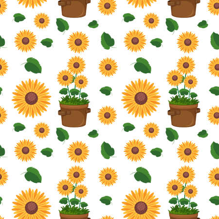 Seamless pattern with cute sunflowers and leaf illustrationのイラスト素材