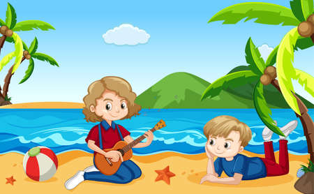 Ocean scene with people having fun on the beach illustrationのイラスト素材