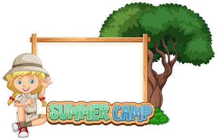 Border template design with girl at summer camp illustrationのイラスト素材