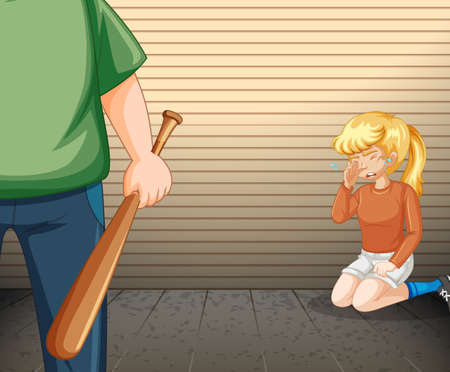 Scene with crying girl and angry man with baseball bat illustrationのイラスト素材