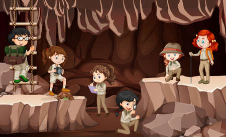 Scene with group of scouts exploring the cave illustrationのイラスト素材