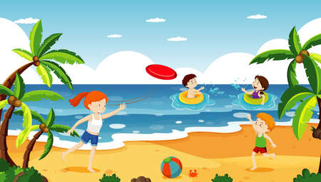 Ocean scene with people having fun on the beach illustrationのイラスト素材