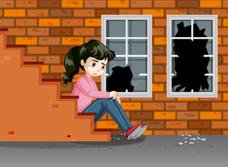 Scene with sad girl crying on the street illustrationのイラスト素材