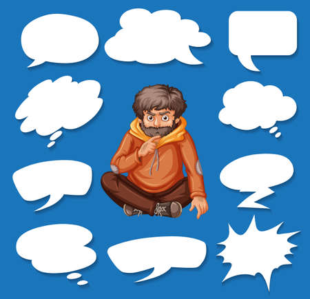 Different shapes of speech bubbles and man thinking illustrationのイラスト素材