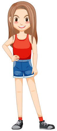 Young lady in red vest cartoon character illustrationのイラスト素材