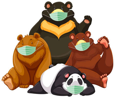 Four type of bear cartoon character wearing mask illustrationのイラスト素材