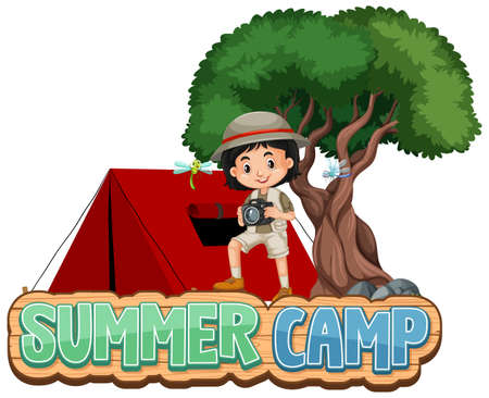 Font design for word summer camp with girl and red tent illustrationのイラスト素材
