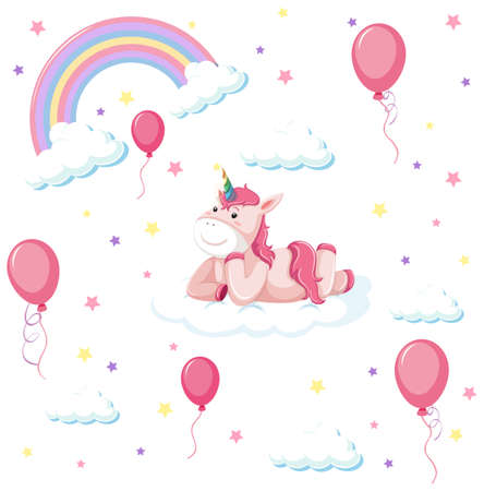 Set of cute unicorn with rainbow and balloon illustrationのイラスト素材