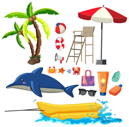 Summer set with dolphin and beach item illustrationのイラスト素材