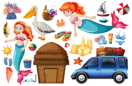 Set of mermaid and summer vacation icon cartoon character on white background illustrationのイラスト素材