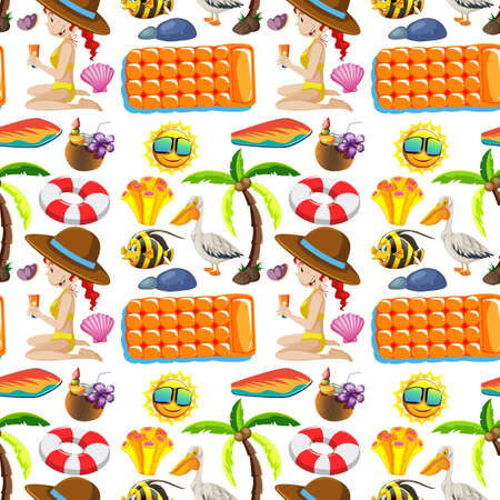 Seamless summer beach icon and kids cartoon on white background illustration