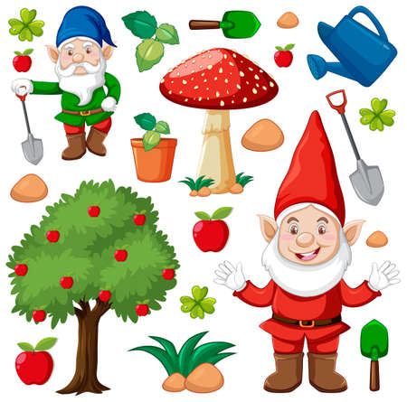 Set of gnome and garden icon in cartoon style on white background illustrationのイラスト素材