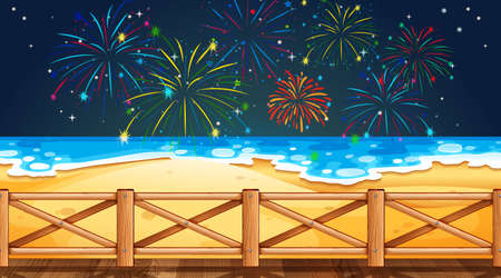 Firework on sky from beach view illustrationのイラスト素材