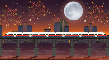 Train cross the river with celebration fireworks scene illustrationのイラスト素材