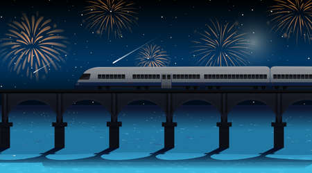 Train cross the river with celebration fireworks scene illustrationのイラスト素材