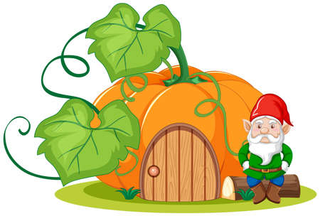 Gnome sitting beside pumpkin house cartoon style on white background illustrationのイラスト素材