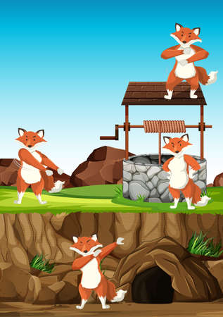 Wild foxes group in many poses in animal park cartoon style on day background illustrationのイラスト素材