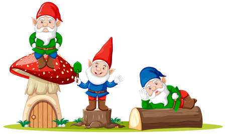 Gnomes and mushroom house cartoon character on white background illustrationのイラスト素材