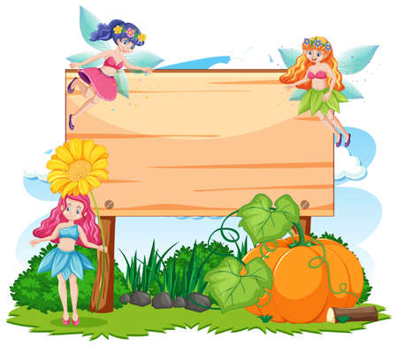 Fairy tales in garden with blank banner cartoon style on white background illustrationのイラスト素材