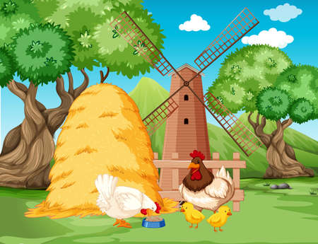 Chicken family at farm illustrationのイラスト素材