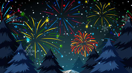 Forest with celebration fireworks scene illustrationのイラスト素材