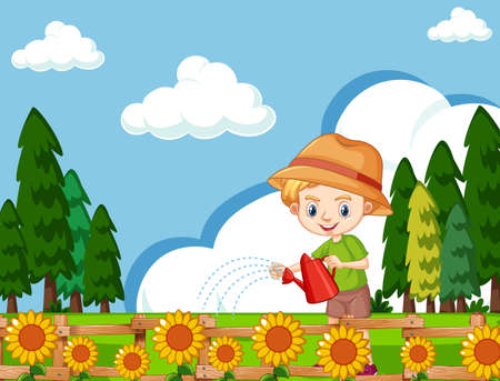 Scene with cute boy watering sunflowers in the garden illustrationのイラスト素材