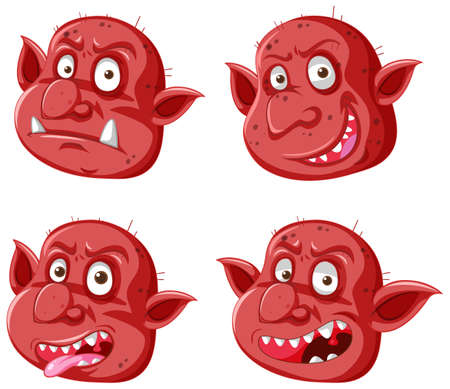 Set of red goblin or troll face in different expressions in cartoon style isolated illustration
