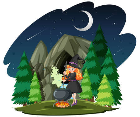 Witch with black magic pot cartoon style on dark forest background illustrationのイラスト素材