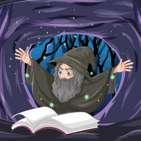 Old wizard with spell and book cartoon style on dark cave background illustrationのイラスト素材