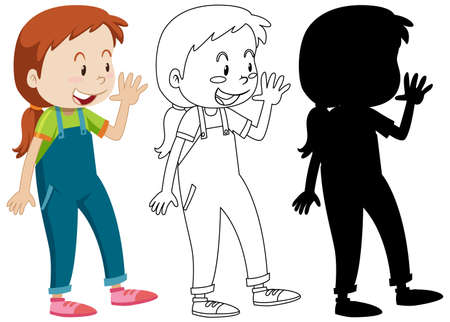 Girl greeting someone posing with its outline and silhouette illustrationのイラスト素材