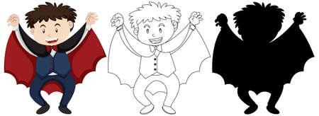 Boy wearing dracular costume with its outline and silhouette illustrationのイラスト素材