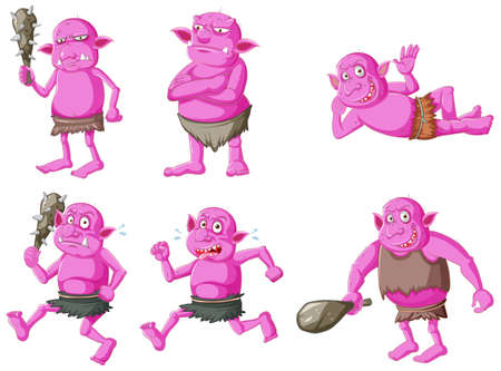 Set of pink goblin or troll in different poses in cartoon character isolated illustrationのイラスト素材