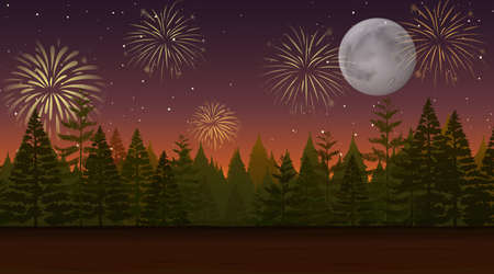 Forest with celebration fireworks scene illustrationのイラスト素材