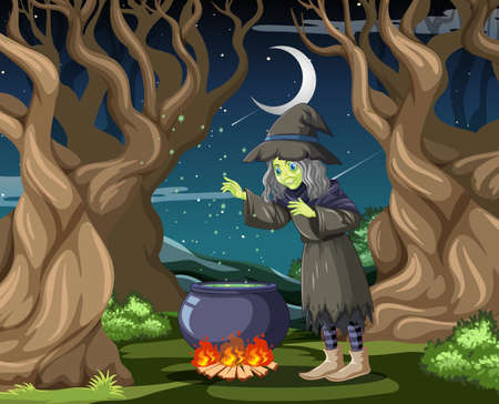 Witch with black magic pot cartoon style on dark jungle background illustrationのイラスト素材