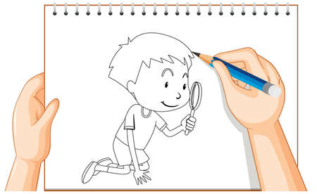 Hand drawing of boy look through magnifying glass outline illustrationのイラスト素材