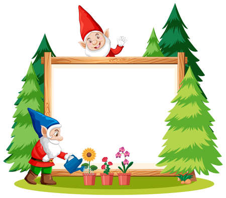 Gnomes watering plant with blank banner on white background illustrationのイラスト素材