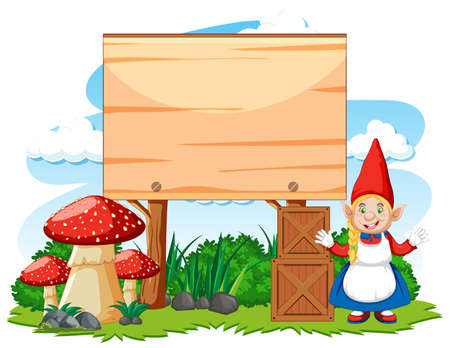 Gnome standing position beside of blank banner on white background illustrationのイラスト素材
