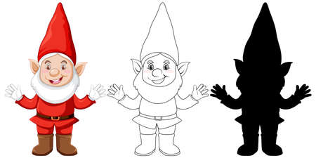 Gnome in color and outline and silhouette in cartoon character on white background illustrationのイラスト素材
