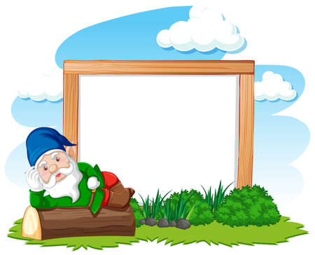 Gnome lying on stump infront of blank banner cartoon style on white background illustrationのイラスト素材