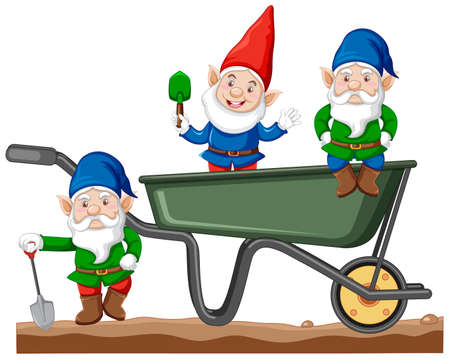 Gnomes with haul cart cartoon style on white background illustrationのイラスト素材