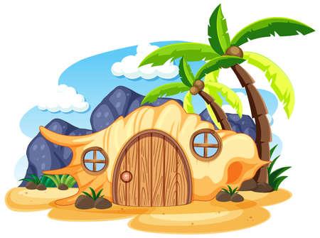 Shell fairy tale house on the beach cartoon style on white background illustrationのイラスト素材