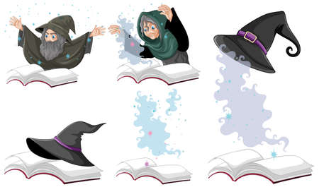 Set of witch or wizard magic hat on the book isolated on white background illustrationのイラスト素材
